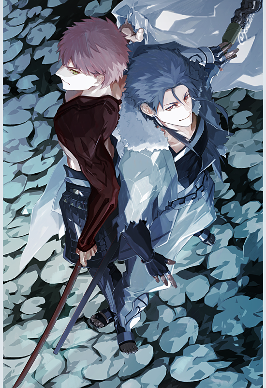 2boys bangs black_gloves blue_hair cape capelet commentary cu_chulainn_(caster)_(fate) cu_chulainn_(fate) earrings emiya_shirou fate/grand_order fate_(series) fingerless_gloves from_above fur-trimmed_hood fur_trim gloves holding holding_sword holding_weapon hood hooded_capelet igote japanese_clothes jewelry long_hair looking_at_viewer male_focus multiple_boys orange_hair red_eyes redhead sei_8220 senji_muramasa_(fate) short_hair smile spiky_hair staff sword weapon yellow_eyes