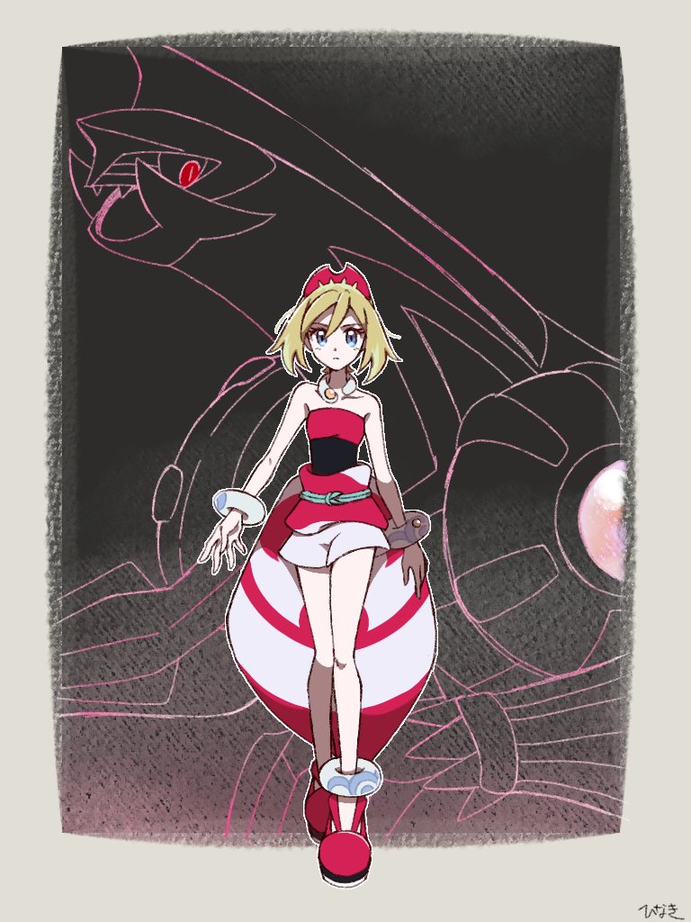 1girl arm_wrap hairband hinaki_(hinaaaaa1002) irida_(pokemon) jewelry neck_ring palkia pokemon pokemon_(creature) pokemon_(game) pokemon_legends:_arceus red_hairband red_shirt shirt shorts strapless strapless_shirt waist_cape white_shorts