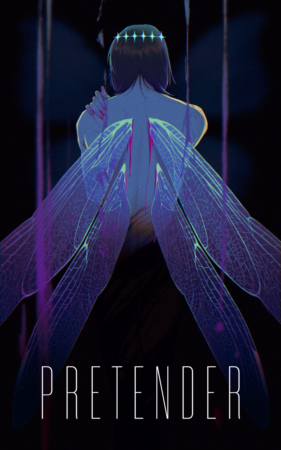 1boy arthropod_boy back background_text blood blood_on_back commentary commentary_request crown diamond_hairband fate/grand_order fate_(series) hand_on_shoulder highres insect_wings male_focus medium_hair mizuna237 no_shirt oberon_(fate) solo spoilers wings