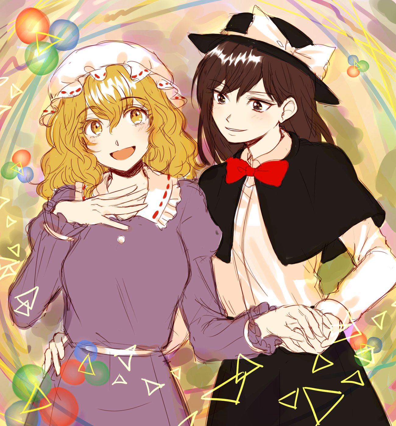 2girls abstract_background black_capelet black_headwear black_skirt blonde_hair blush bow bowtie breasts brown_eyes brown_hair capelet collared_dress collared_shirt derivative_work dr.latency's_freak_report dress fedora hand_on_another's_hip hand_on_own_chest happy hat hat_bow highres holding_hands juliet_sleeves kuya_(hey36253625) long_sleeves maribel_hearn medium_breasts medium_hair mob_cap multicolored_background multiple_girls open_mouth puffy_sleeves purple_dress quark_(particle) red_bow red_bowtie sash shirt skirt small_breasts touhou usami_renko wavy_hair white_bow white_headwear white_sash white_sleeves yellow_eyes