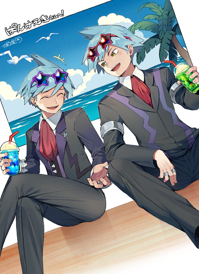+++ 2boys ^_^ bangs black_jacket black_pants blue_hair blue_sky brown_eyes closed_eyes clouds collared_shirt commentary_request commission crossed_legs cup day drink drinking_straw dual_persona eyewear_on_head feet_out_of_frame happy holding holding_cup ice ice_cube iroyopon jacket jewelry light_blush long_sleeves looking_to_the_side male_focus multiple_boys multiple_rings necktie ocean open_mouth palm_tree pants pokemon pokemon_(creature) pokemon_(game) pokemon_adventures pokemon_oras purple-framed_eyewear red-framed_eyewear red_necktie ring shirt short_hair signature sitting skeb_commission sky smile star-shaped_eyewear steven_stone sunglasses teeth translation_request tree upper_teeth white_shirt wingull
