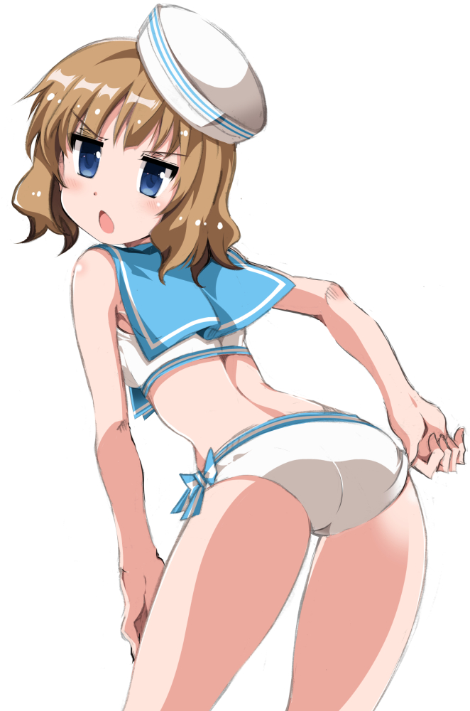 adjusting_clothes adjusting_swimsuit ass ass_focus back bangs blue_eyes blush bow breasts brown_hair commentary_request eyebrows_visible_through_hair hand_on_thigh hat hay idolmaster idolmaster_million_live! looking_at_viewer looking_back open_mouth sailor_collar sailor_hat sailor_swimsuit_(idolmaster) short_hair small_breasts solo suou_momoko swimsuit thighs train_90 v-shaped_eyebrows wavy_hair white_background white_headwear white_swimsuit