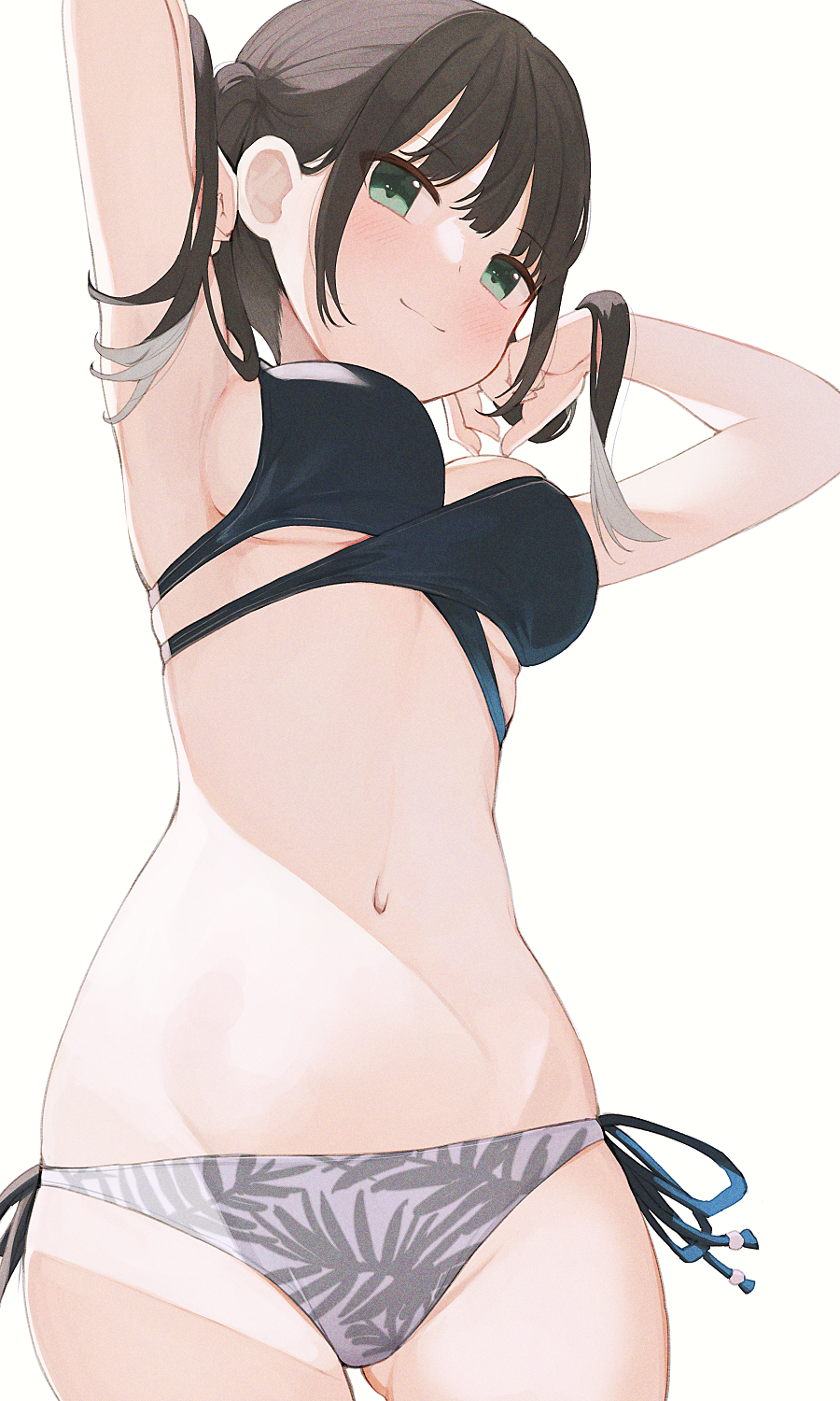 1girl armpits arms_up bangs bikini black_bikini blush breasts brown_hair green_eyes groin hands_in_hair highres hiroki_(yyqw7151) looking_at_viewer medium_breasts multiple_straps navel original patterned_clothing short_twintails sideboob simple_background smile string_tie swimsuit twintails under_boob white_background