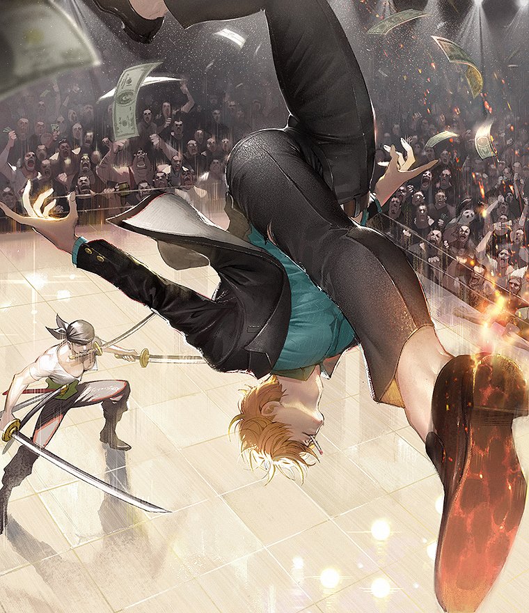 2boys audience blonde_hair fighting fire formal holding holding_sword holding_weapon male_focus midair money multiple_boys one_piece roronoa_zoro runa_(artist) sanji solo_focus suit sword upside-down weapon