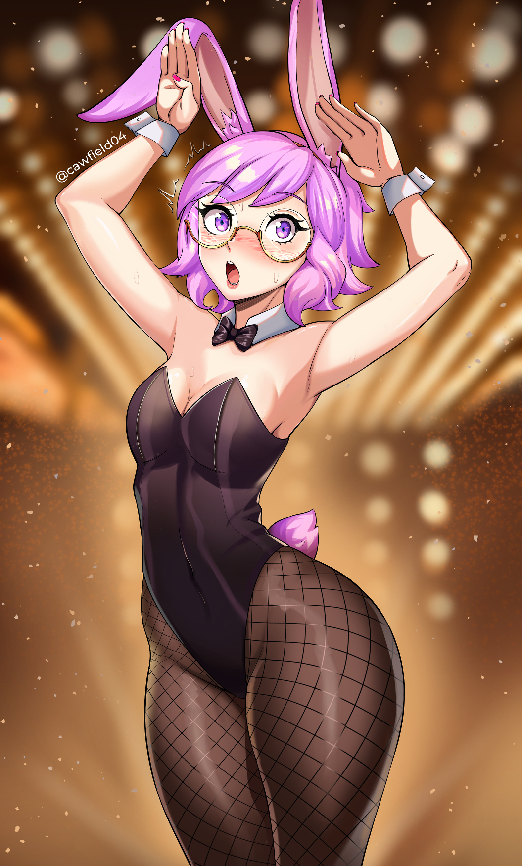 1girl animal_ears black_bow black_bowtie black_leotard bow bowtie bunny_pose cawfield character_request detached_collar fishnet_legwear fishnets glasses highres leotard looking_at_viewer paladins pantyhose playboy_bunny purple_hair rabbit_ears rabbit_tail round_eyewear short_hair tail violet_eyes wide_hips wrist_cuffs