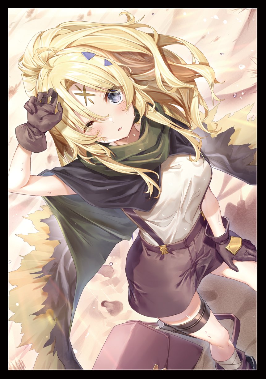 1girl bag blonde_hair blush breasts brown_gloves cape cowboy_shot duel_monster facial_mark forehead_mark gloves green_cape grey_eyes hair_ornament highres incredible_ecclesia_the_virtuous large_breasts leg_strap one_eye_closed ponytail second-party_source shorts shoulder_bag suspender_shorts suspenders sweat torn_cape torn_clothes yu-gi-oh! yuya_(night_lily)
