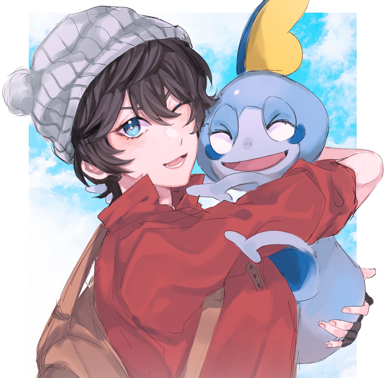 1boy ^_^ axia_krone backpack bad_id bad_twitter_id bag beanie border closed_eyes clouds collared_shirt cosplay eyebrows_behind_hair grey_headwear hair_behind_ear hat highres holding holding_pokemon mei_(adomanju) nijisanji open_mouth outside_border pokemon pokemon_(creature) pokemon_(game) pokemon_swsh pom_pom_(clothes) red_shirt shirt sky sobble solo_focus v-shaped_eyebrows victor_(pokemon) victor_(pokemon)_(cosplay) virtual_youtuber white_background white_border