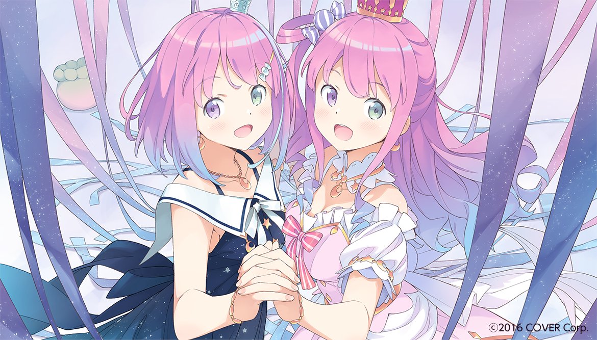 2016 blue_hair bra_strap bracelet candy_hair_ornament copyright crescent crescent_earrings crescent_necklace crown detached_collar dress dual_persona earrings food-themed_hair_ornament gradient_hair green_eyes hair_ornament heterochromia himemori_luna holding_hands hololive interlocked_fingers jewelry kanzaki_hiro long_hair medium_hair mini_crown multicolored_hair necklace one_side_up open_mouth pink_dress pink_hair puffy_short_sleeves puffy_sleeves sailor_dress short_sleeves smile star_(symbol) violet_eyes virtual_youtuber