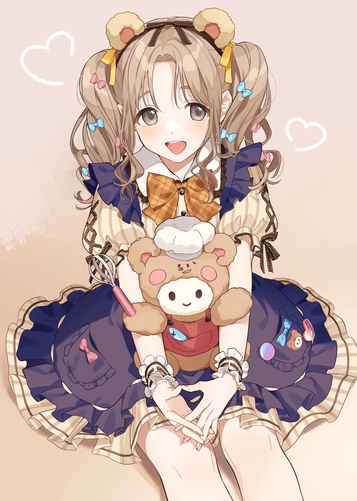 1girl :d animal_ears bear_ears beige_background booota bow bowtie brown_eyes brown_hair doll hair_bow hair_ribbon hairband heart highres ichikawa_hinana idolmaster idolmaster_shiny_colors long_hair looking_at_viewer on_floor open_mouth puffy_short_sleeves puffy_sleeves ribbon short_sleeves sitting smile solo stuffed_toy wrist_cuffs