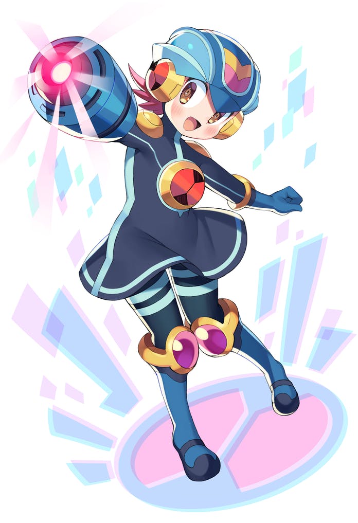 1girl :d arm_cannon blue_gloves blue_headwear blush brown_eyes commentary_request commission dress full_body fusion gloves glowing happy helmet iroyopon looking_at_viewer mayl_sakurai_(mega_man) mega_man_(series) mega_man_battle_network megaman.exe open_mouth pantyhose redhead short_hair skeb_commission smile solo standing striped striped_legwear weapon white_background