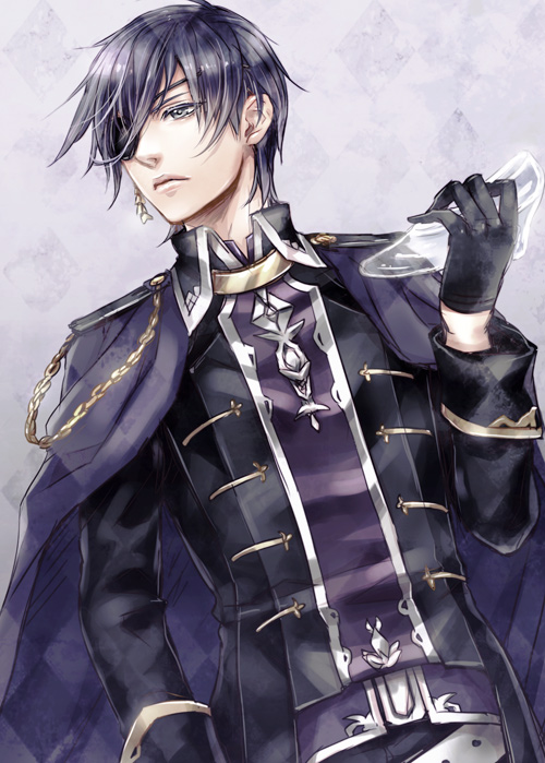 1boy aiguillette argyle argyle_background arm_at_side bangs belt black_hair cape dr. dutch_angle earrings eyepatch frown glass_slipper hair_between_eyes hand_up high_heels holding holding_shoes ikemen_ooku jewelry lips long_sleeves looking_at_viewer looking_to_the_side male_focus non-web_source purple_background purple_cape shoe_removed shoes short_hair single_earring solo upper_body xeno_gerald