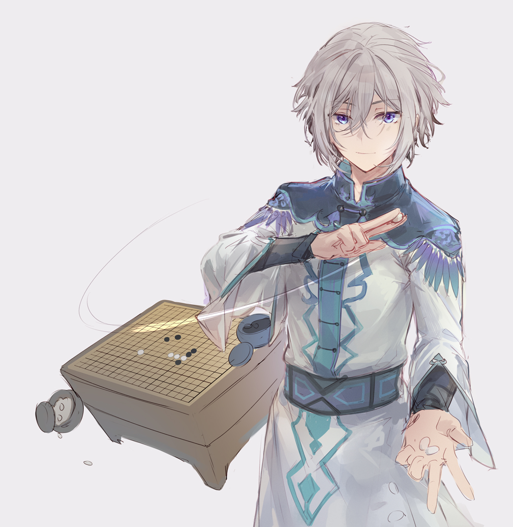 1boy blue_eyes board_game chinese_clothes csyday fate/grand_order fate_(series) feet_out_of_frame go_(board_game) grey_background grey_hair hand_up light_smile long_sleeves looking_at_viewer male_focus prince_of_lan_ling_(fate) prince_of_lan_ling_(moonlit_night_encounter)_(fate) short_hair silver_hair simple_background smile solo