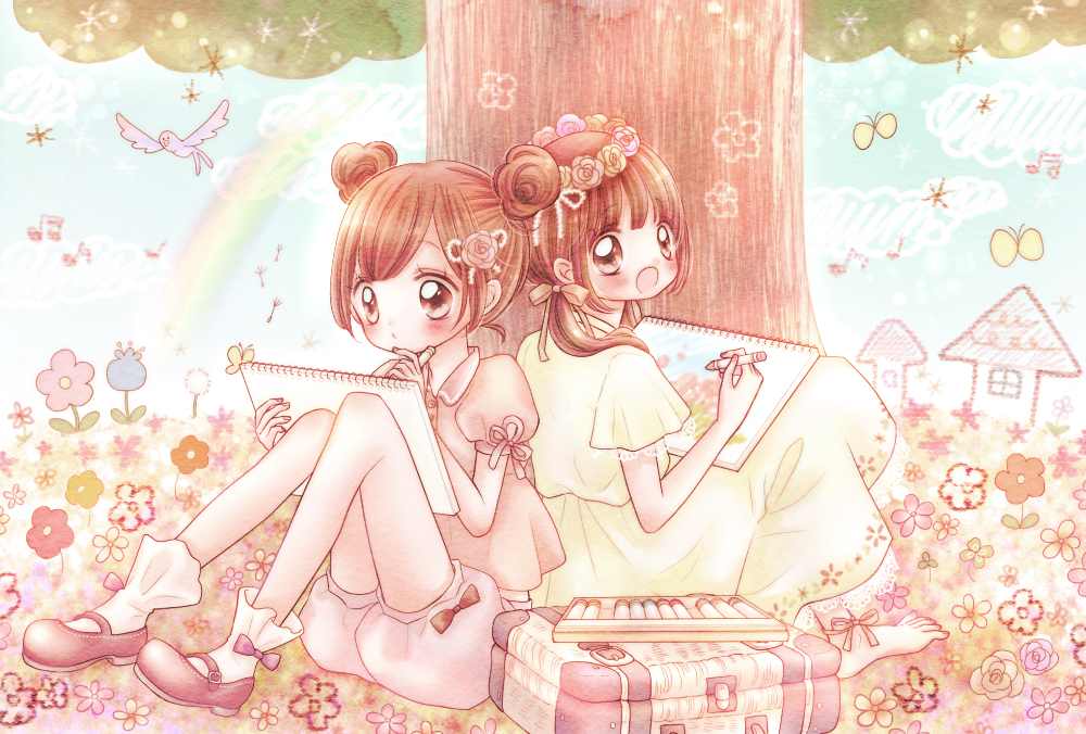 2girls back-to-back barefoot bird brown_eyes brown_hair collared_shirt crayon double_bun drawing dress eyebrows_visible_through_hair flower_(symbol) hand_on_own_chin head_wreath holding holding_crayon lace-trimmed_dress lace_trim low_twintails mary_janes mind_08 multiple_girls musical_note on_ground open_mouth original puffy_short_sleeves puffy_shorts puffy_sleeves rainbow shirt shoes short_sleeves shorts socks tree twintails