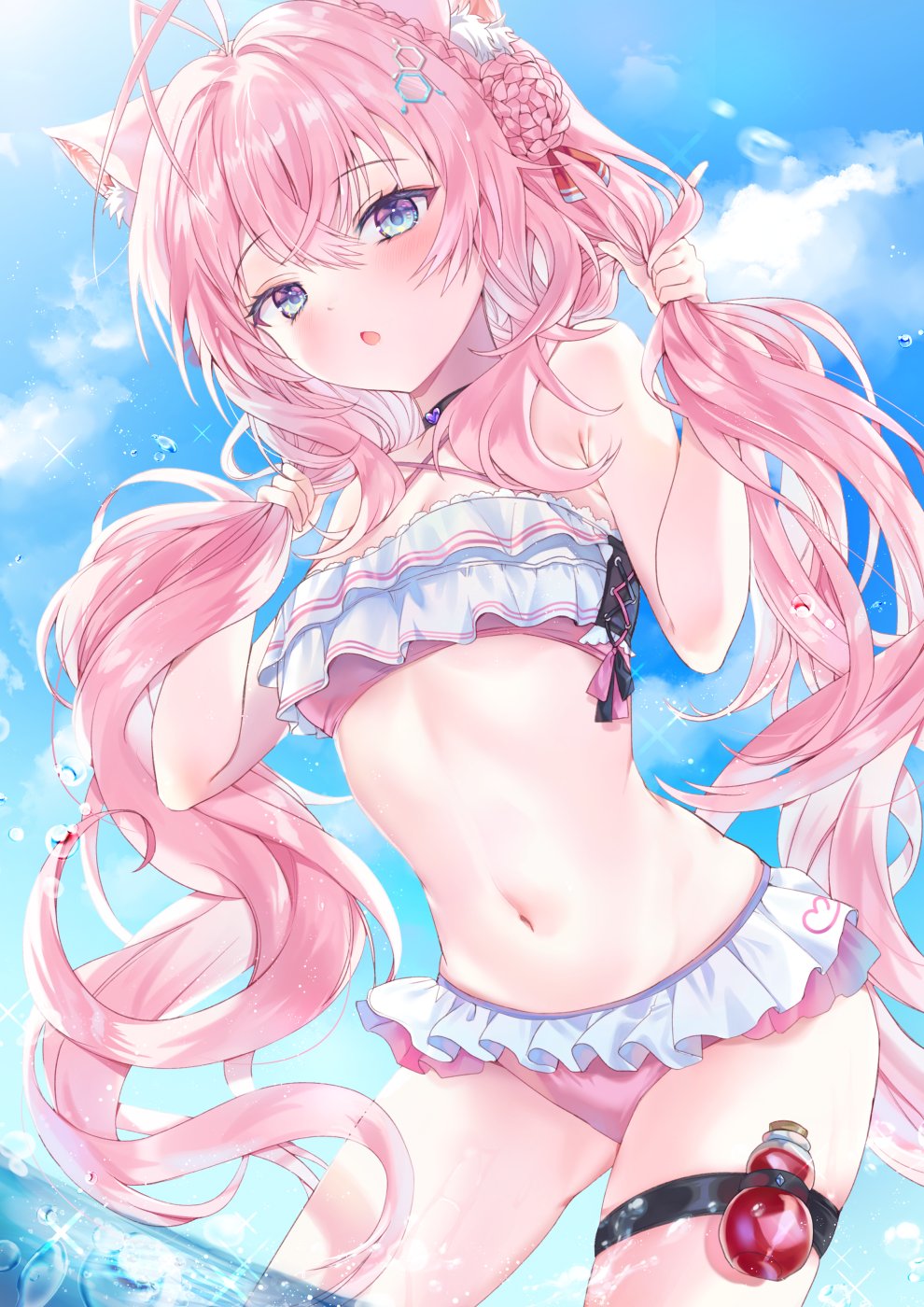 1girl ahoge animal_ears antenna_hair blue_eyes blush breasts bubble closed_mouth commentary_request dabi_(dabibubi) hair_between_eyes hair_ornament hakui_koyori highres hololive long_hair looking_at_viewer navel ocean open_mouth pink_hair sky small_breasts solo swimsuit thigh_strap virtual_youtuber water