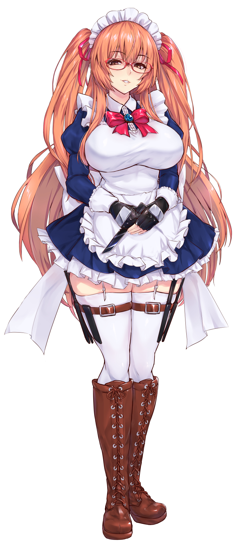 1girl apron bangs boots bow breasts brown_eyes combat_knife cross-laced_footwear dress fingerless_gloves frills garter_straps gloves hair_ornament highres holding holding_weapon holster knee_boots knife lace-up_boots large_breasts long_hair long_sleeves looking_at_viewer maid maid_headdress orange_hair original parted_lips puffy_sleeves reverse_grip shiny shiny_clothes shiny_hair shiny_skin short_dress simple_background smile standing thigh-highs thigh_holster tied_hair toriatto_gununu weapon white_background white_legwear zettai_ryouiki