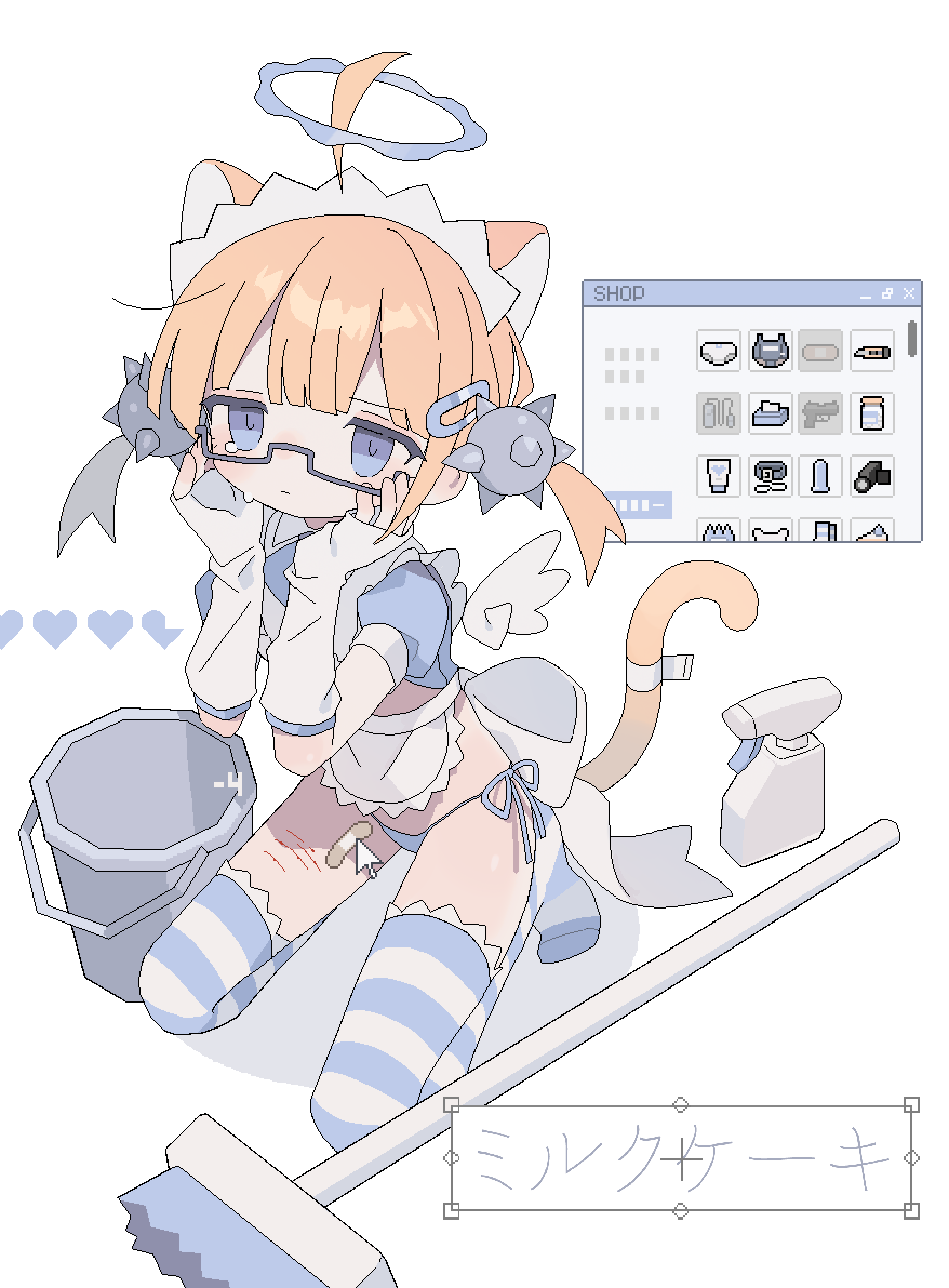 1girl absurdres ahoge angel_wings animal_ears apron arm_warmers back_bow bandaged_tail bandaid bandaid_on_leg bangs blue-framed_eyewear blue_eyes blue_legwear blue_panties blunt_bangs bottle bow bucket cat_ears cat_girl cat_tail closed_mouth colored_eyelashes crop_top cursor cuts daizu_(melon-lemon) detached_ahoge empty_eyes english_text extra_ears frilled_apron frilled_hairband frills from_above from_side full_body glasses hair_ornament hairband hairclip halo hands_on_own_cheeks hands_on_own_face hands_up heads-up_display health_bar heart highres horizontal_stripes icon_(computing) injury jaggy_lines legs_apart light_frown limited_palette looking_at_viewer looking_up maid maid_headdress mismatched_eyelashes mop muted_color no_nose no_pants no_shoes orange_hair original pale_color panties puffy_short_sleeves puffy_sleeves sad self_harm semi-rimless_eyewear shadow short_hair short_sleeves short_twintails side-tie_panties single_tear solo spike_ball spikes spray_bottle squatting string_panties striped striped_legwear sweat tail tail_raised tearing_up tears thick_eyelashes thigh-highs tiptoes twintails under-rim_eyewear underwear user_interface v_arms white_apron white_background white_bow white_hairband white_wings window_(computing) wing_collar wings