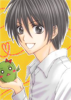 1boy black_eyes black_hair blush_stickers bow cactus collared_shirt eyebrows_visible_through_hair fujioka_kyouhei hair_between_eyes heart holding holding_plant lowres open_mouth plant red_bow saboten_no_himitsu seven_color shirt simple_background smile solo triangle_mouth white_shirt yellow_background