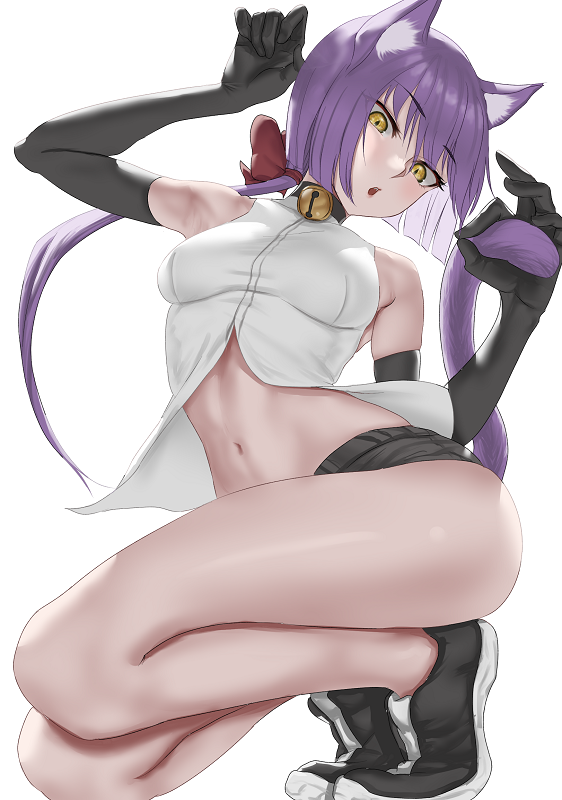 1girl animal_ears bare_shoulders bell blunt_ends breasts cat_ears cat_girl cat_tail elbow_gloves eyebrows_visible_through_hair gloves looking_at_viewer navel neck_bell open_mouth original purple_hair shoes short_shorts shorts sleeveless small_breasts solo tail tomiokasena tongue yellow_eyes
