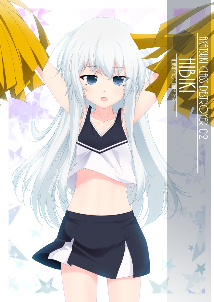1girl alternate_costume armpits arms_up artist_name blue_eyes character_name cheering cheerleader cowboy_shot crop_top crop_top_overhang hibiki_(kancolle) highres holding holding_pom_poms inaba_shiki kantai_collection long_hair looking_at_viewer midriff miniskirt navel pleated_skirt pom_pom_(cheerleading) shirt silver_hair skirt sleeveless sleeveless_shirt solo