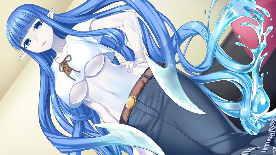 1girl absurdly_long_hair artist_request bangs belt blue_eyes blue_hair blue_skin blunt_bangs breasts colored_skin couch crop_top denim dina_(monster_musume) eyebrows_visible_through_hair game_cg hand_on_hip jeans large_breasts liquid_hair long_hair midriff monster_musume_no_iru_nichijou monster_musume_no_iru_nichijou_online official_art pants parted_lips pointy_ears semi-transparent under_boob very_long_hair
