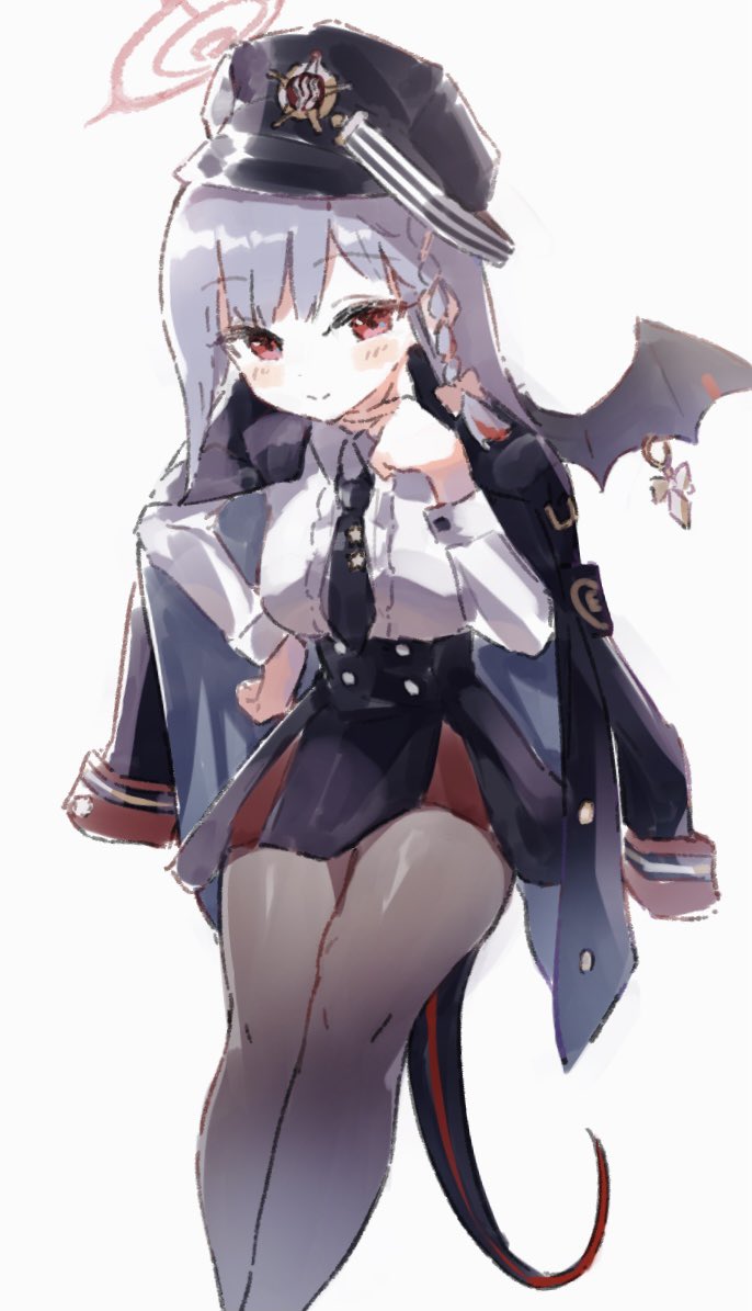 1girl black_headwear black_jacket black_necktie black_skirt black_wings blue_archive braid closed_mouth collared_shirt demon_wings epi_zero eyebrows_visible_through_hair feet_out_of_frame frilled_shirt frills grey_hair halo hand_on_own_chin haruna_(blue_archive) hat high-waist_skirt jacket jacket_on_shoulders light_blush long_hair long_sleeves looking_at_viewer military_hat necktie pantyhose pencil_skirt red_eyes shirt shirt_tucked_in simple_background single_braid single_wing skirt smile solo tail white_background white_shirt wings