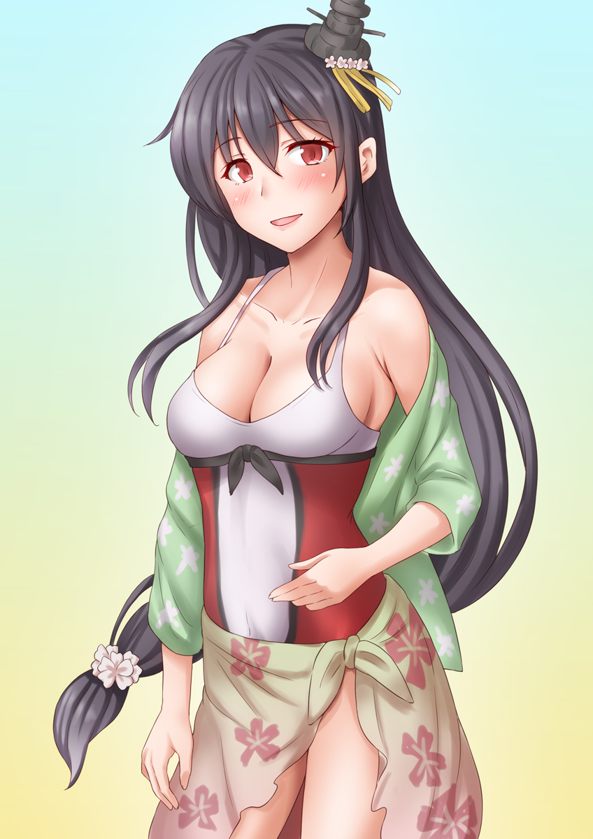 1girl anti_(untea9) cowboy_shot fusou_(kancolle) gradient gradient_background highres kantai_collection long_hair looking_at_viewer official_alternate_costume one-piece_swimsuit solo swimsuit twitter_username