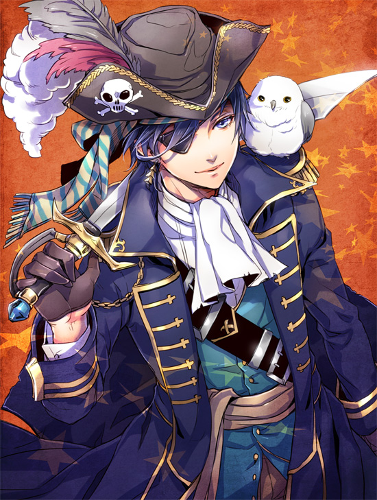 1boy aiguillette animal_on_shoulder arm_at_side ascot bangs bicorne bird bird_on_shoulder black_gloves blue_coat carrying_over_shoulder coat dr. epaulettes eyepatch from_above gloves gold_trim hand_up hat hat_feather head_scarf holding holding_sword holding_weapon ikemen_ooku jolly_roger long_sleeves looking_at_viewer male_focus non-web_source orange_background owl partially_unbuttoned pirate_costume pirate_hat plume purple_hair sash scarf skull_and_crossbones smile solo star_(symbol) star_print starry_background striped striped_scarf sword violet_eyes weapon white_ascot xeno_gerald