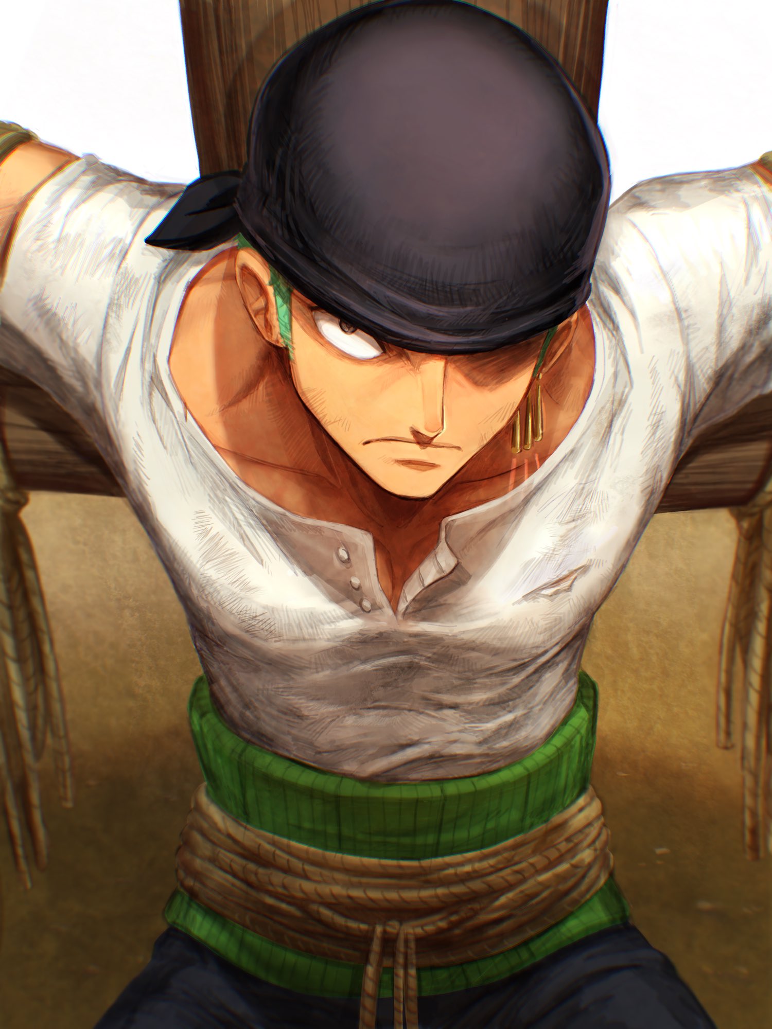 1boy bandana black_bandana bound commentary_request earrings glaring green_eyes green_hair highres jewelry looking_at_viewer oekakiboya one_piece roronoa_zoro serious shirt short_hair solo standing tied_up_(nonsexual) white_shirt