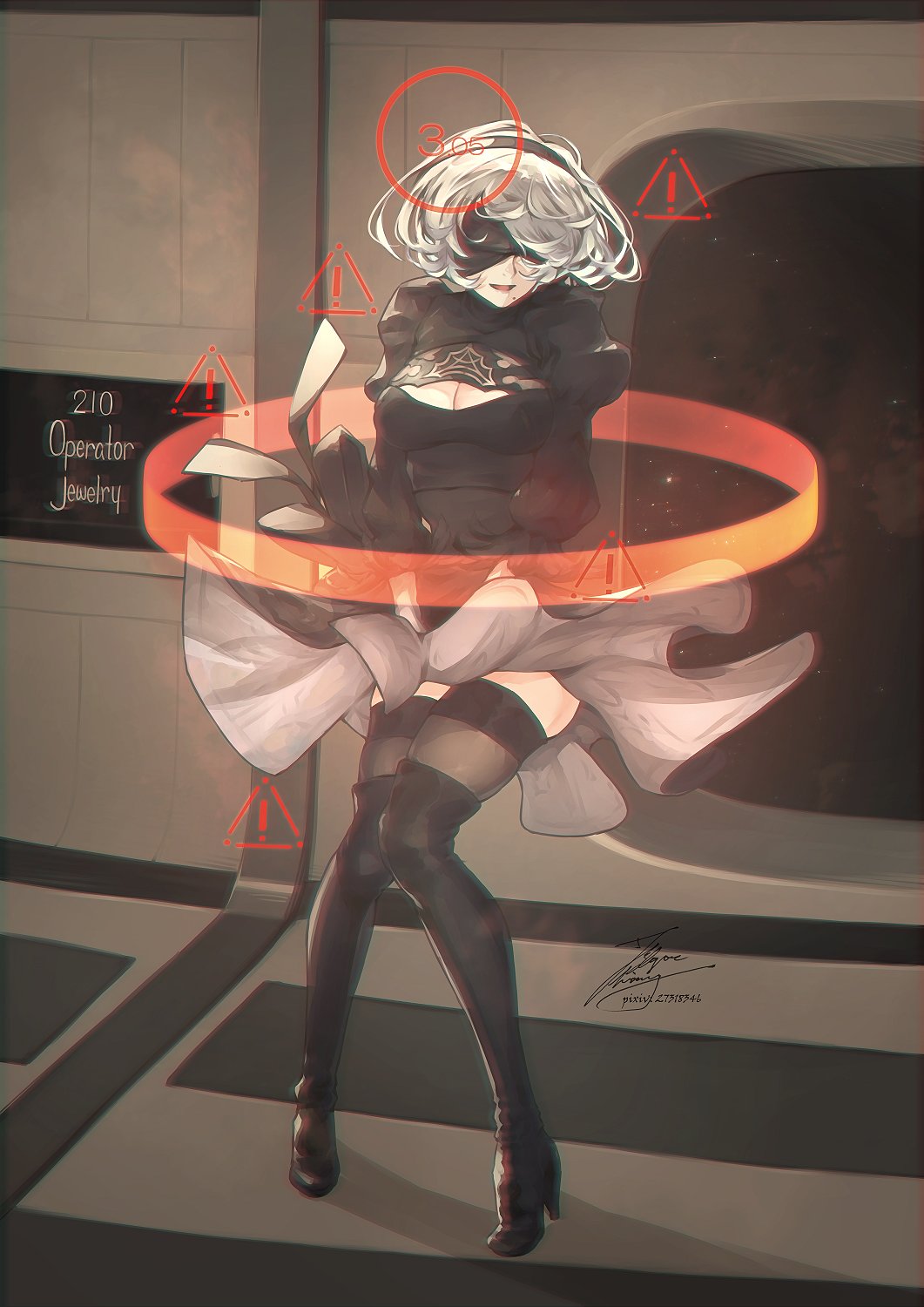 1girl android blindfold clothes_lift fadingz full_body high_heels highres knees_together_feet_apart marilyn_monroe nier_(series) nier_automata open_mouth parody sign signature skirt skirt_lift solo standing thigh-highs warning_sign white_hair yorha_no._2_type_b