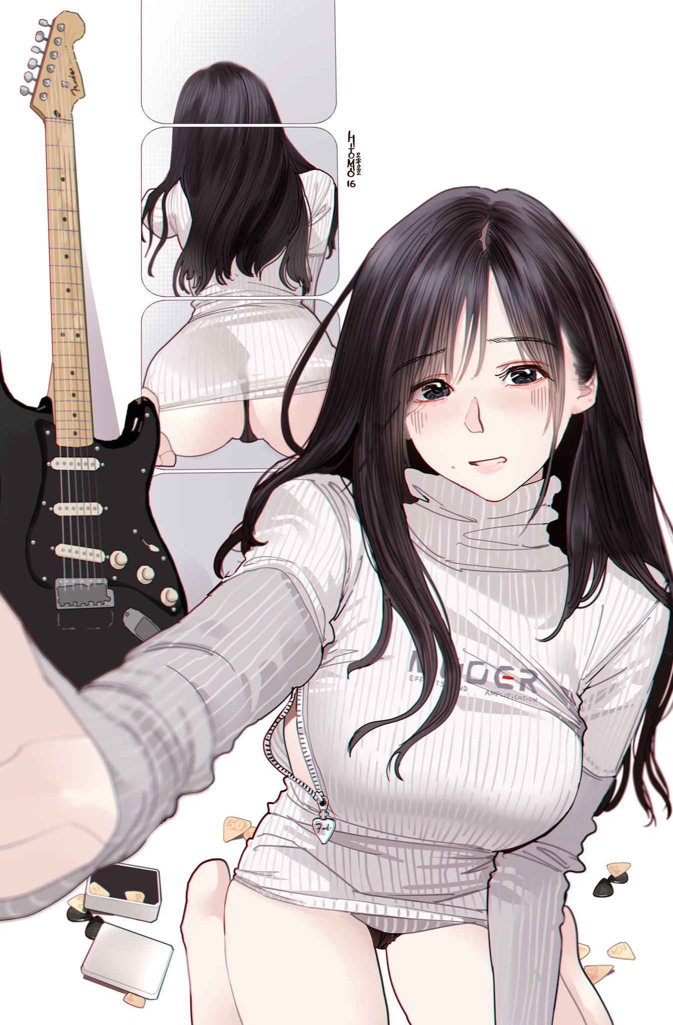 1girl artist_name ass bangs black_eyes black_hair black_panties breasts commentary_request eyebrows_visible_through_hair grey_sweater guitar highres hitomi_o instrument large_breasts long_hair long_sleeves mirror original panties plectrum pov reflection ribbed_sweater sitting solo sweater turtleneck turtleneck_sweater underwear white_background zipper zipper_pull_tab