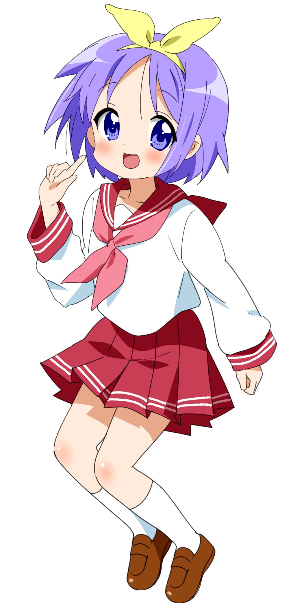 1girl :d bangs brown_footwear eyebrows_visible_through_hair hairband highres hiiragi_tsukasa index_finger_raised long_sleeves looking_at_viewer lucky_star neckerchief open_mouth pink_neckerchief pleated_skirt purple_hair red_sailor_collar red_skirt sailor_collar short_hair simple_background skirt smile solo tsubaki_(tatajd) violet_eyes white_background white_legwear white_serafuku yellow_hairband
