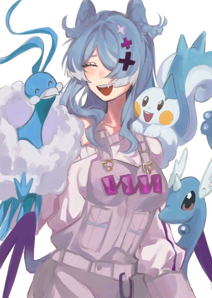 ^_^ black_eyes blue_theme blush breasts closed_eyes color_connection dratini elira_pendora fang gloves grey_gloves grey_overalls head_wings medium_breasts mei_(adomanju) nijisanji nijisanji_en off_shoulder open_mouth overall_shorts overalls pachirisu pokemon pokemon_(creature) single_glove smile swablu sweater violet_eyes virtual_youtuber white_sweater