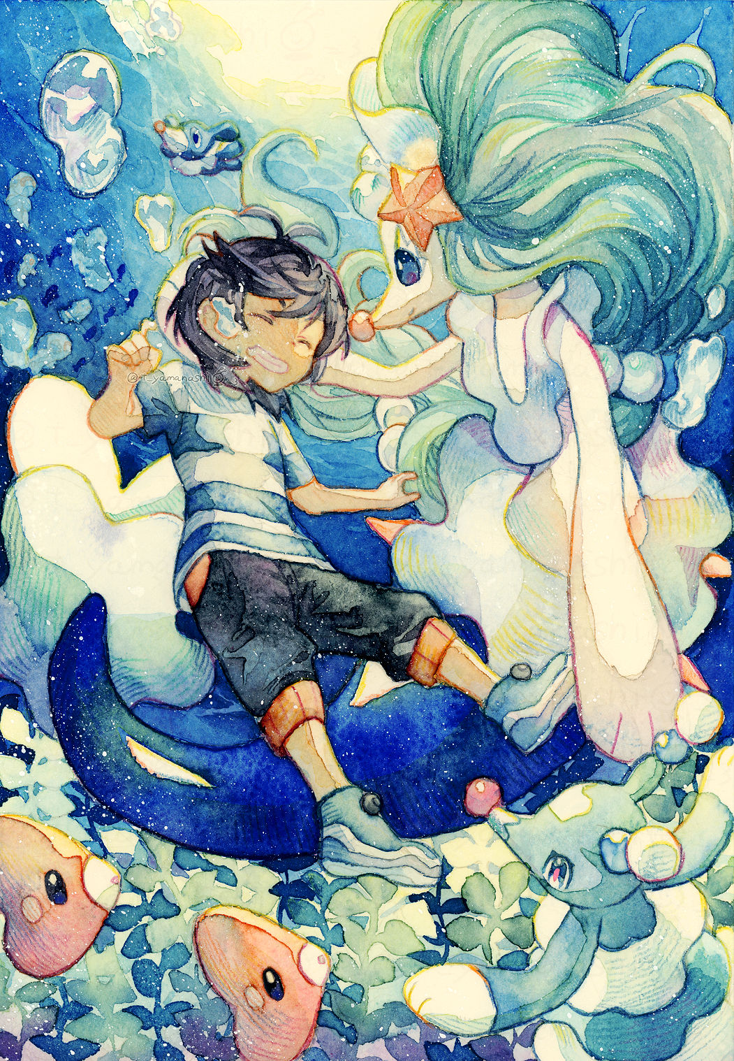 1boy air_bubble black_hair blue_theme bubble character_request commentary_request day full_body highres looking_at_another ocean outdoors pokemon solo_focus submerged swimming underwater water yamanashi_taiki