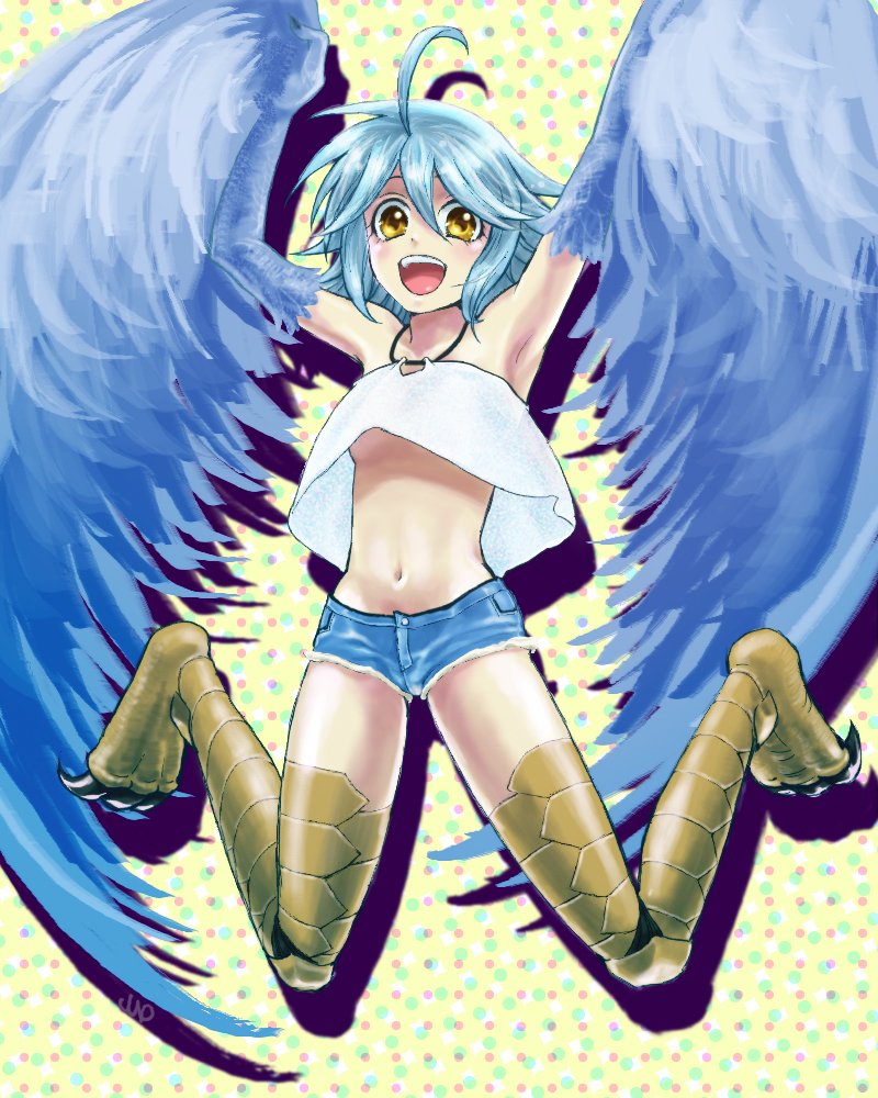 1girl ahoge bare_shoulders blue_feathers blue_hair blue_wings breasts commentary_request denim denim_shorts dotted_background feathered_wings feathers harpy monster_girl monster_musume_no_iru_nichijou navel open_mouth papi_(monster_musume) short_shorts shorts small_breasts solo talons tori_smell under_boob winged_arms wings yellow_background yellow_eyes