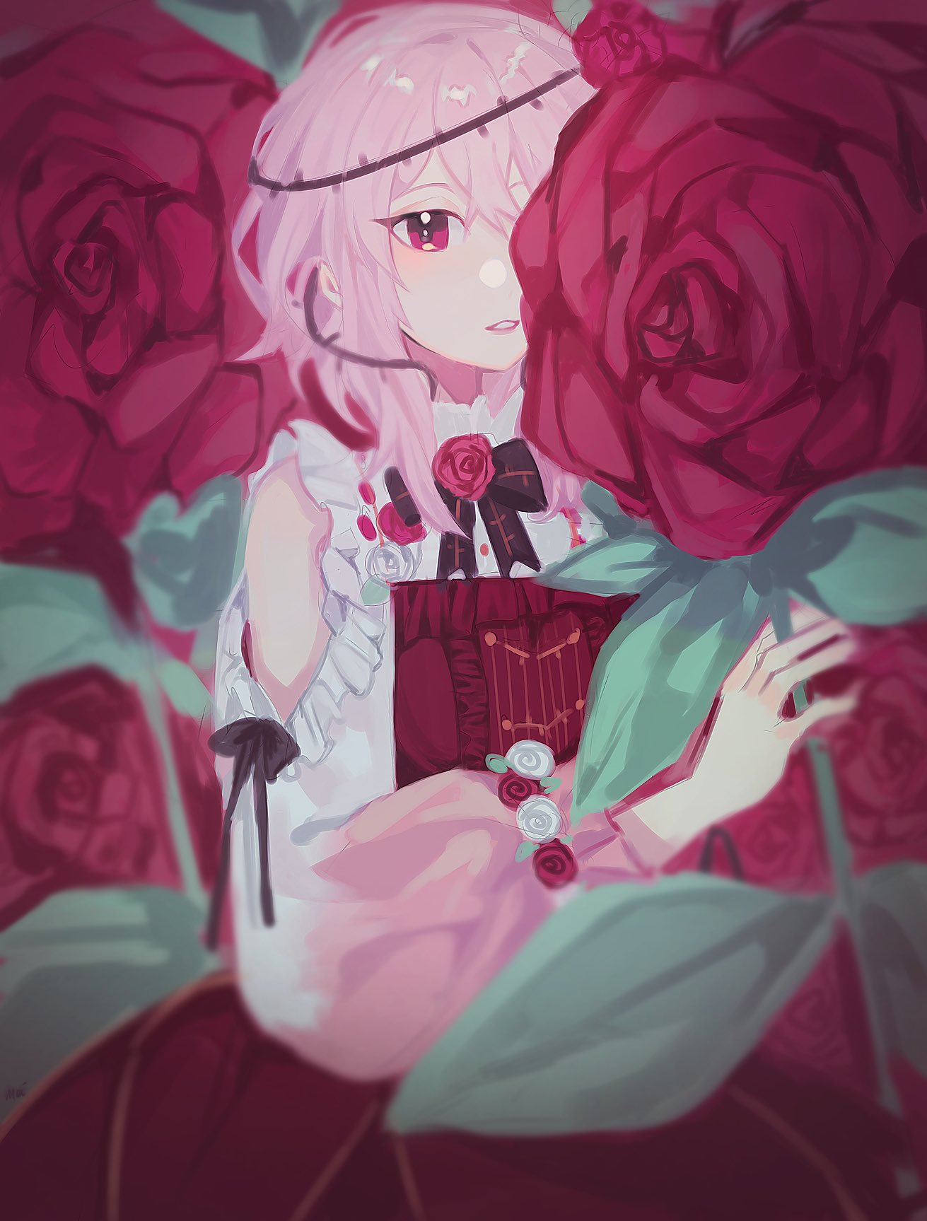 1girl black_bow bow clothing_cutout dress flower hair_flower hair_ornament highres holding holding_flower looking_at_viewer medium_hair mei_(adomanju) nijisanji nijisanji_en one_eye_covered oversized_flowers parted_lips pink_hair plant red_dress red_eyes red_flower red_rose rose rosemi_lovelock short_sidetail shoulder_cutout solo thorns vines white_flower white_rose