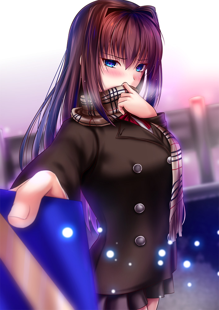 1girl akeyama_kitsune aozaki_aoko bangs black_skirt blazer blue_eyes blush box brown_hair brown_jacket buttons commentary_request covering_mouth eyebrows_visible_through_hair gift gift_box hair_between_eyes hair_intakes holding holding_gift jacket light_particles long_hair long_sleeves looking_at_viewer mahou_tsukai_no_yoru miniskirt neck_ribbon outstretched_arm plaid plaid_scarf pov reaching_out red_ribbon ribbon scarf school_uniform skirt solo uniform valentine