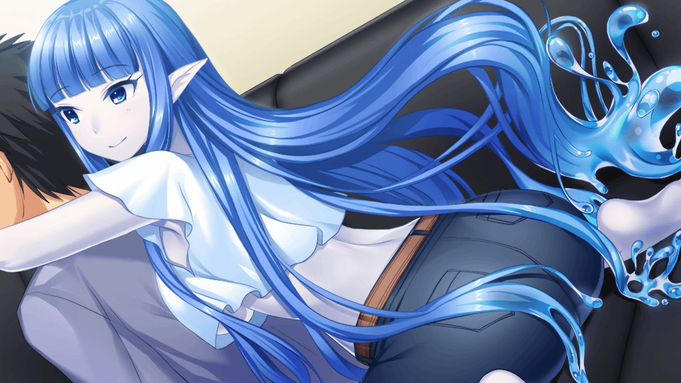1boy 1girl absurdly_long_hair artist_request bangs belt blue_eyes blue_hair blue_skin blunt_bangs breasts colored_skin couch crop_top denim dina_(monster_musume) eyebrows_visible_through_hair game_cg hug hug_from_behind jeans large_breasts liquid_hair long_hair midriff monster_musume_no_iru_nichijou monster_musume_no_iru_nichijou_online official_art on_couch pants pointy_ears under_boob very_long_hair