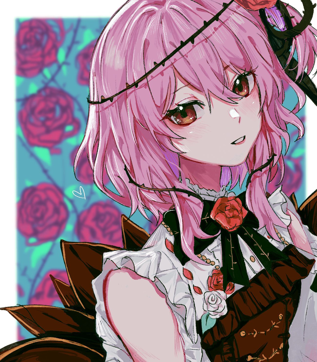 1girl bad_id bad_twitter_id bangs blush breasts clothing_cutout dress eyebrows_behind_hair flower from_side hair_flower hair_ornament head_tilt heart highres looking_at_viewer mei_(adomanju) nijisanji nijisanji_en parted_lips pink_hair plant red_dress red_flower red_rose rose rosemi_lovelock short_sidetail shoulder_cutout small_breasts solo thorns upper_body vines virtual_youtuber white_background