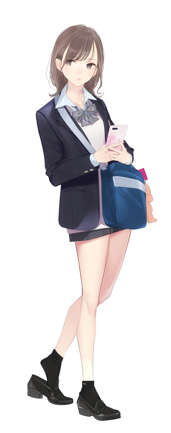 1girl ama_mitsuki bag bangs bare_legs black_footwear black_jacket black_legwear black_skirt blazer blue_bag bow bowtie brown_eyes brown_hair carrying_bag cellphone collared_shirt commentary_request expressionless full_body grey_bow grey_bowtie highres holding holding_phone jacket legs long_sleeves looking_away looking_to_the_side medium_hair miniskirt original phone pleated_skirt school_uniform shirt shoes simple_background skirt smartphone socks solo standing striped striped_bow striped_bowtie swept_bangs white_background white_shirt