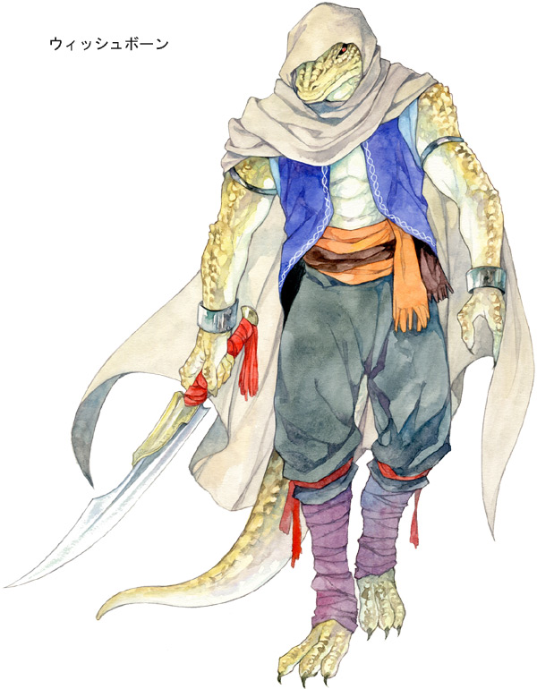 1boy abs agahari armlet arms_at_sides bangs barefoot black_pants black_sclera blue_vest cape character_request colored_sclera full_body grey_cape holding holding_sword holding_weapon hood hood_up hooded_cape leg_wrap lizardman looking_at_viewer lost_technology male_focus non-web_source one_eye_covered pants red_eyes sash simple_background solo sword vest walking weapon white_background wrist_cuffs