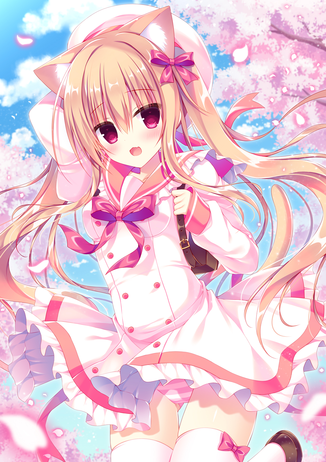 1girl :d animal_ears arm_behind_head arm_up backpack bag bangs beret blue_sky blush bow branch breasts brown_footwear brown_hair cat_ears cherry_blossoms clouds commentary_request day dress eyebrows_visible_through_hair frilled_dress frilled_sailor_collar frills hair_between_eyes hair_bow hasune hat highres juliet_sleeves long_sleeves looking_at_viewer original outdoors panties petals puffy_sleeves red_bow red_eyes red_sailor_collar sailor_collar sailor_dress shoes sky small_breasts smile solo spring_(season) striped striped_panties thigh-highs twintails underwear white_dress white_headwear white_legwear