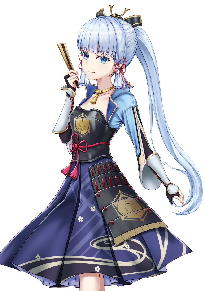 1girl armor bangs black_gloves blue_dress breasts closed_mouth dress elbow_gloves eyebrows_visible_through_hair feet_out_of_frame gauntlets genshin_impact gloves hair_ribbon hand_fan highres holding holding_fan kamisato_ayaka light_blue_eyes light_blue_hair long_hair looking_at_viewer mole mole_under_eye naga_(pixiv70891418) ponytail ribbon small_breasts smile solo standing white_background