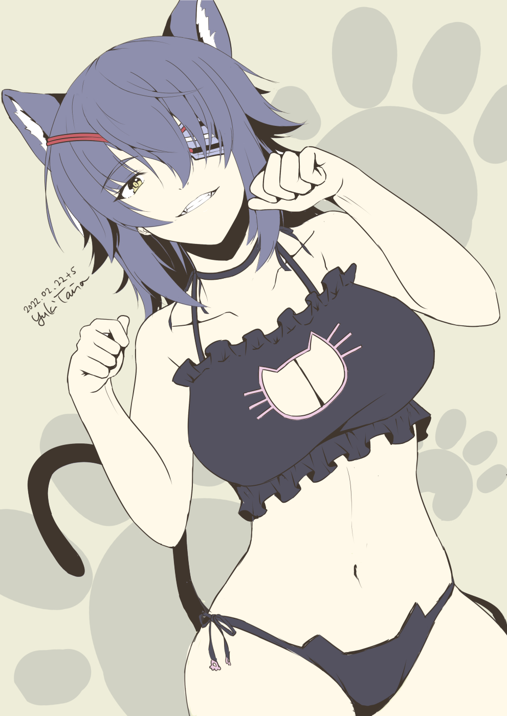 1girl alternate_costume animal_ears black_bra black_panties bra cat_cutout cat_ear_panties cat_ears cat_lingerie cat_tail cleavage_cutout clothing_cutout eyepatch frilled_bra frills highres kantai_collection meme_attire navel panties paw_pose purple_hair short_hair side-tie_panties solo tail taira_yuuki tenryuu_(kancolle) underwear underwear_only yellow_eyes