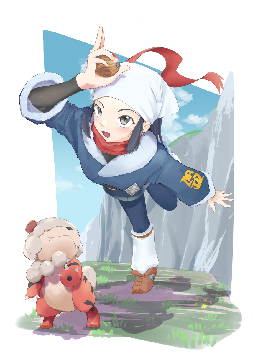 akari_(pokemon) b_teen blue_sky blush claws cliff clouds cloudy_sky dog eyelashes fangs galaxy_expedition_team_survey_corps_uniform grey_eyes head_scarf hisuian_growlithe holding_poke_ball looking_at_viewer looking_up nature one_leg_raised open_mouth poke_ball pokemon pokemon_(creature) pokemon_(game) pokemon_legends:_arceus red_scarf scarf shadow