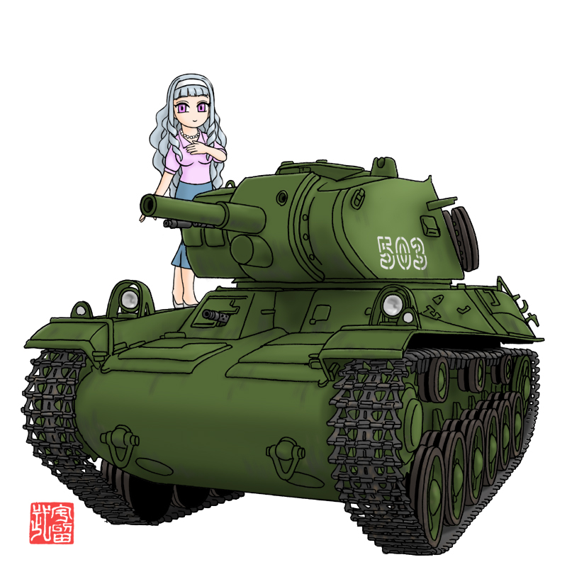 blouse blue_skirt cannon curly_hair drill_hair gun hand_on_own_chest headband idolmaster jewelry long_hair long_skirt m.wolverine machine_gun military necklace pearl_necklace pink_blouse shijou_takane signature skirt stridsvagn_m/42 tank_turret violet_eyes weapon white_background white_hair