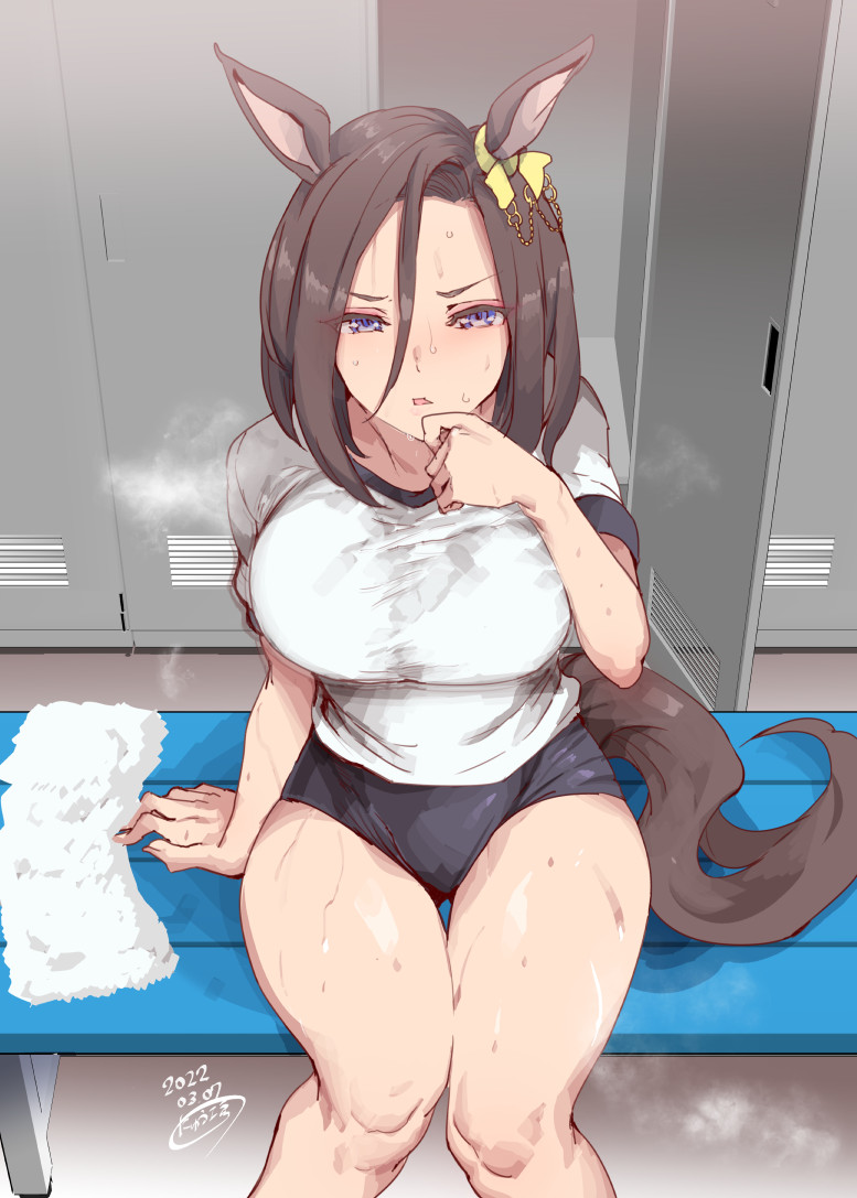 1girl air_groove_(umamusume) animal_ears breasts brown_hair buruma eyeliner gym_uniform hair_ornament horse_ears horse_girl horse_tail locker locker_room looking_at_viewer makeup medium_hair nyuu_(manekin-eko) open_mouth sitting solo sweat tail towel umamusume violet_eyes