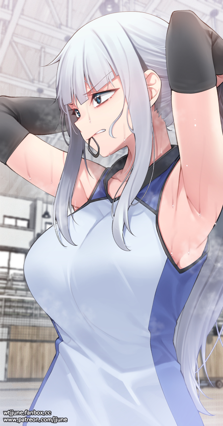 1girl adjusting_hair armpits arms_behind_head arms_up bangs blue_eyes breasts collarbone commentary detached_sleeves eyebrows_visible_through_hair gym_uniform hair_tie_in_mouth highres hime_cut jjune large_breasts long_bangs long_hair long_sleeves looking_away mouth_hold original shirt sidelocks silver_hair sleeveless sleeveless_shirt solo sportswear steaming_body sweat symbol-only_commentary tying_hair upper_body v-shaped_eyebrows vambraces volleyball_net volleyball_uniform white_shirt