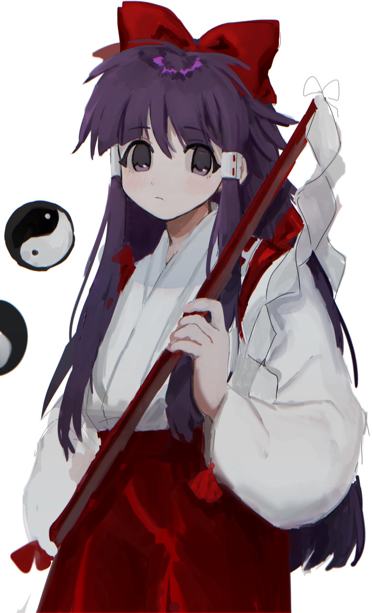 1girl b_nosk101 bow closed_mouth commentary_request cowboy_shot detached_sleeves eyebrows_visible_through_hair gohei hair_bow hair_tubes hakama hakama_skirt hakurei_reimu hakurei_reimu_(pc-98) highres holding holding_stick japanese_clothes long_hair looking_at_viewer miko orb purple_hair red_bow red_skirt ribbon_trim simple_background skirt solo stick touhou violet_eyes white_background yin_yang yin_yang_orb