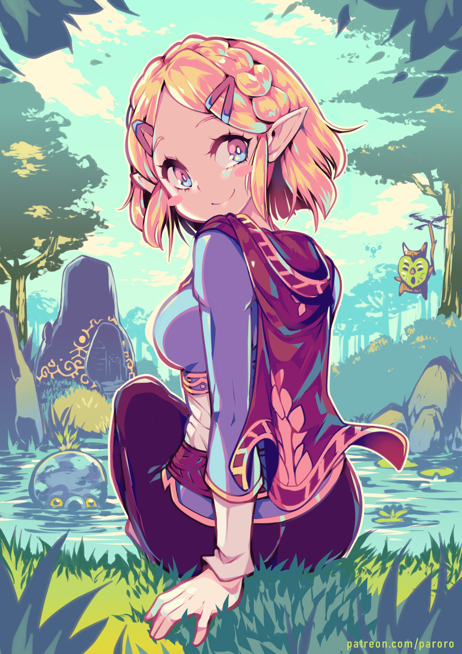 1girl back black_cape black_pants blonde_hair blue_eyes blue_shirt blush blush_stickers braid breasts cape closed_mouth clouds crown_braid day forest grass hair_ornament hairclip highres hood hood_down hooded_cape korok lake leaf long_sleeves looking_at_viewer medium_breasts nature octorok outdoors pants parororo patreon_username pointy_ears princess_zelda rock shirt short_hair sitting sky smile the_legend_of_zelda the_legend_of_zelda:_breath_of_the_wild the_legend_of_zelda:_breath_of_the_wild_2 tree