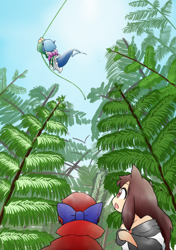 3girls :o animal_ears bangs blue_bow blue_hair blue_sky bow brown_hair eyebrows_visible_through_hair forest grass_root_youkai_network green_kimono hair_bow head_fins imaizumi_kagerou japanese_clothes kimono long_hair looking_at_another mermaid multiple_girls nature off_shoulder open_mouth outdoors purple_bow red_eyes redhead sekibanki short_hair sky touhou wakasagihime wolf_ears yukimuro